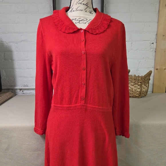 Talbots Red Long Sleeve Dress with Collar Modest Cotton Size Large - Picture 2 of 9